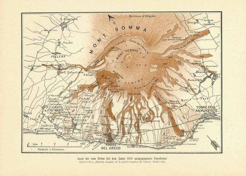 "Karte der vom Vesuv seit dem Jahre 1631 ausgegangenen Lavastroeme"  Chromolithograph published 1895.  Image: 14.5 x 20.5 cm ( 5.7 x 8 ")
