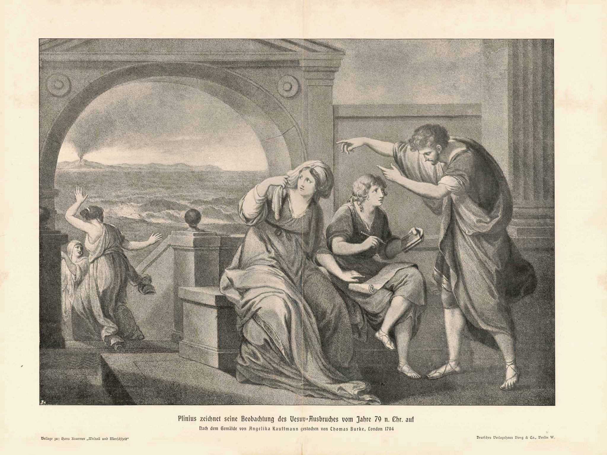 "Plinius zeichnet seine Beobachtung des Vesuv-Asubruches vom Jahre 79 n. Chr. auf"  Lithograph after a painting by Angelika Kaufmann and first engraved in 1704.