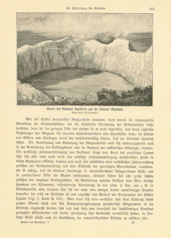 "Krater des Vulkans Sonfriere au St. Vincent (Antillen)"  Wood engraving on a page of German text about volcanos and warning possibilities. Text continues on reverse side. Published ca 1900.  Original antique print 