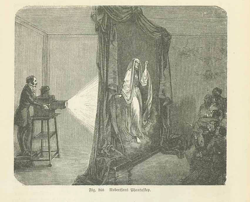 "Robertson's Phantaskop"  (Screening of ghost appearances by way of the Laterna Magica)  Robertson invented and patented his optical apparatus in 1797  There were several names for the apparatus: Phantascope was one of them.