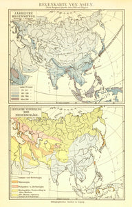 "Regenkarte von Asien" (rainfall map of Asia)  Maps show rainfall in various regions of Asia.  Published 1890.