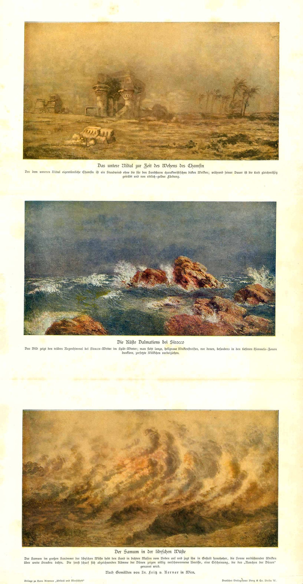 Upper image:"Das untere Niltal zur Zeit des Wehens des Chamsin"  Middle image; "Die Kueste Dalmatiens bei Sirocco"  Lower image: "Der Samum in der libyschen Wueste"  Three lithographs on a long fold-out page attached together.  All three lithographs show storm winds.