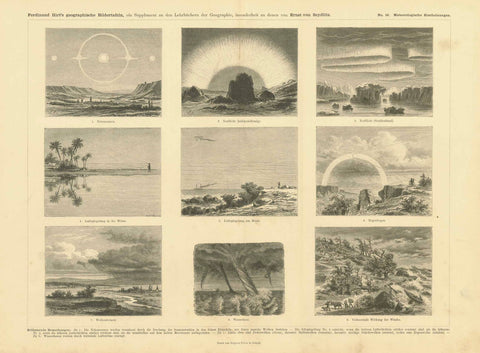 "Meteorologische Erscheinungen"  Wood engraving with 9 special weather phenomena viewed in landscapes. At the bottom of the page is text about the various scenes.  Original antique print 