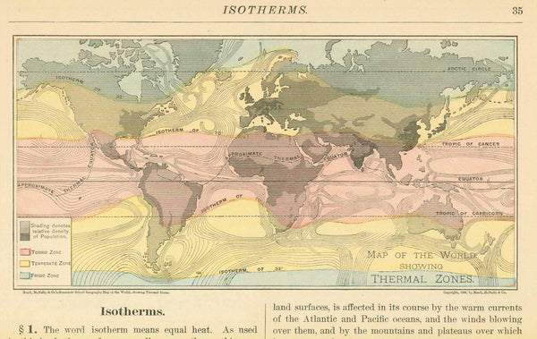 Antique print, World Map, "Isotherms"  For a 30% discount enter MAPS30 at chekout   Image on a page of text about Isotherms. On the reverse side is a map of the hemispheres. Published ca 1900.  Original antique print    Printed in color.