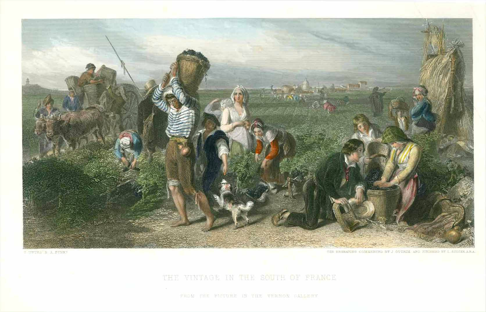 "The Vintage in the South of France"  Handsomely hand-colored steel engraving by John Outrim (1840-1874) and finished by Lumb Stocks (1812-1892)  After the painting by Thomas Uwins (1792-1857)  London, ca. 1865, Original antique print , interior design, wall decoration, ideas, idea, gift ideas, present, vintage, charming, special, decoration, home interior, living room design