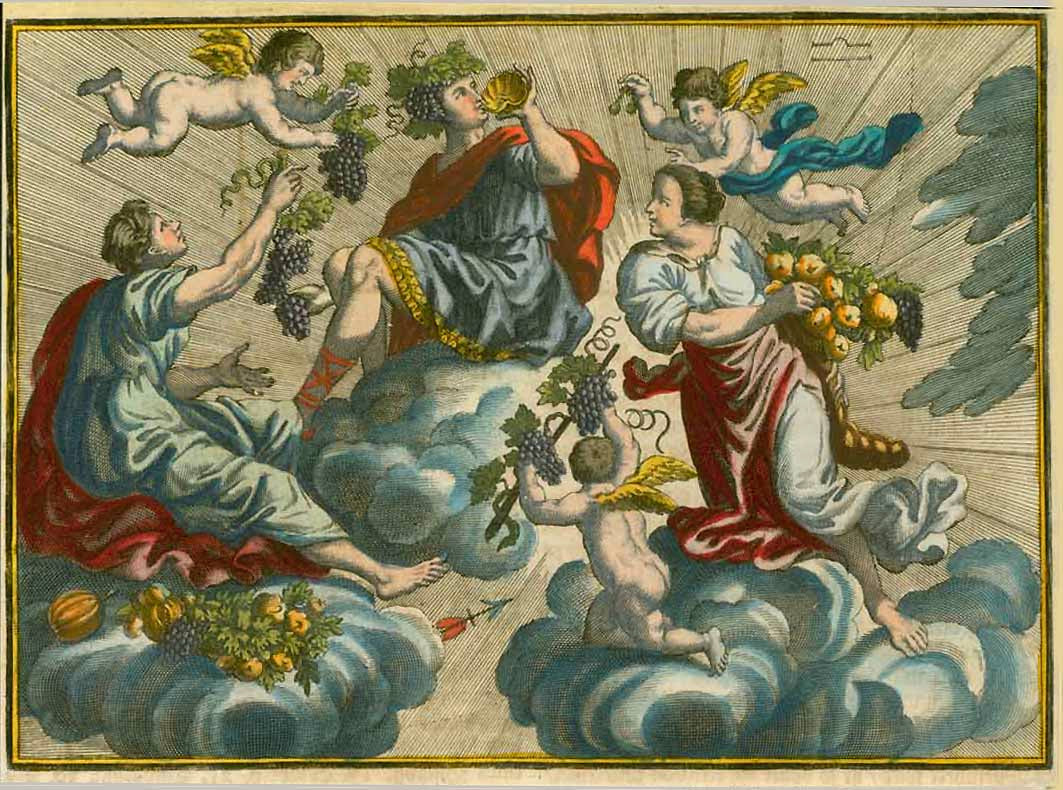 No title. Bacchus (Dionysus)  Anonymous copper etching with original hand coloring. Ca. 1720 - 1750  Bacchus, sitting on a cloud, being served grapes and fruit in abundance.  Original antique print , interior design, wall decoration, ideas, idea, gift ideas, present, vintage, charming, special, decoration, home interior, living room design