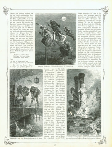 Article in the German language with five wood engravings.  "Verhör" (Interrogation)  "Folterkammer" (Torture chamber)  "Hexenritt" (witch ride)  "Hexenprobe" (Trying for being a witch)  "Hexenverbrennung" Witch burning at the stake  Wood engravings. Published in a German periodical. Ca. 1880