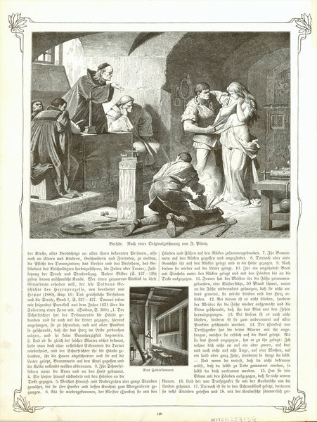 Article in the German language with five wood engravings.  "Verhör" (Interrogation)  "Folterkammer" (Torture chamber)  "Hexenritt" (witch ride)  "Hexenprobe" (Trying for being a witch)  "Hexenverbrennung" Witch burning at the stake  Wood engravings. Published in a German periodical. Ca. 1880