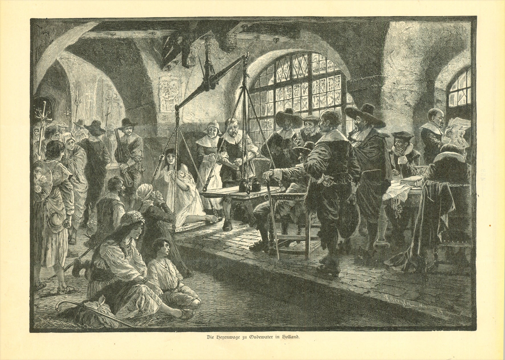 "Die Hexenwage in Oudewater in Holland"  Wood engraving by F. Bergen  With an article in the German language.  Published in a German periodical. 1891