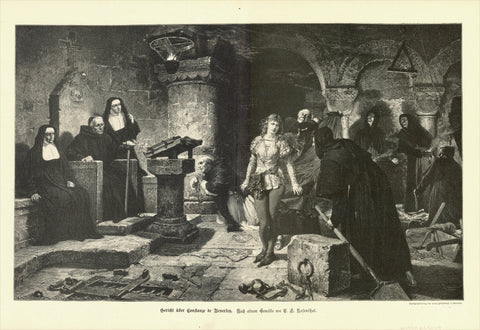"Gericht ueber Constance de Beverley" (Trial of Constanze de Beverley, accused of witchcraft)  Wood engraving after the painting by T.L. Rosenthal  Published in a German periodical. Ca. 1880