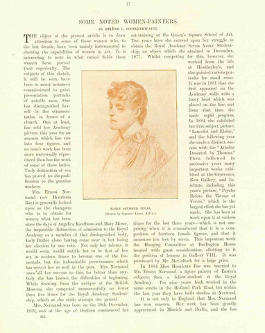 "Some Noted Women Painters"  Article by Helene L. Poswtlethwaite. Published 1895.  3 separate pages with 7 images of women painters.  Some of the women shown; Marie Seymour Lucas, Marianne Stokes Mary Waller, Henrietta Normand and others.