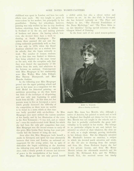 "Some Noted Women Painters"  Article by Helene L. Poswtlethwaite. Published 1895.  3 separate pages with 7 images of women painters.  Some of the women shown; Marie Seymour Lucas, Marianne Stokes Mary Waller, Henrietta Normand and others.