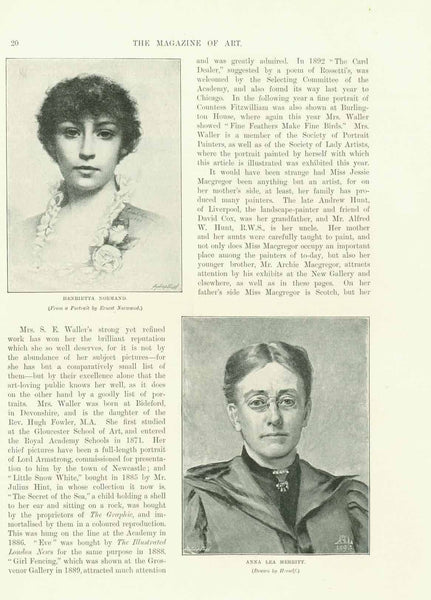 "Some Noted Women Painters"  Article by Helene L. Poswtlethwaite. Published 1895.  3 separate pages with 7 images of women painters.  Some of the women shown; Marie Seymour Lucas, Marianne Stokes Mary Waller, Henrietta Normand and others.