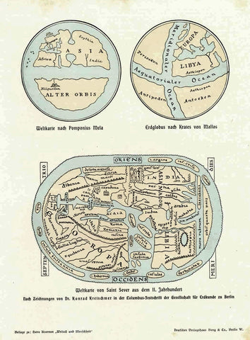 "Weltkarte von Saint Sever aus dem 11. Jahrhundert"  Wood engravings made after the drawings by Dr. Konrad Kretschmer of ancient maps. Published 1900.