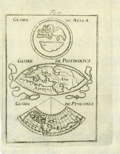 "Globe de Mella" "Globe de Posidonius" "Globe de Ptolomee"  Copper engraving map by Mallet ca 1690. Shows three very old maps of the known world. Very minor signs of age and use.