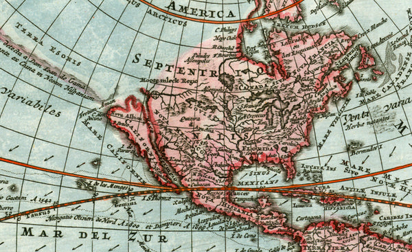 "Planiglobii Terrestris cum Utroq Hemisphaerio Caelesti Generalis Exhibitio"  Hand-colored copper etching  Published in the first atlas by Johann Baptist Homann (1664-1724)  Nuremberg, 1707  This early map of the world by Homann, based on the world map by David Funck (1642-1709).  It is the only map by Homann with California shown as an island.  This decorative map has the two globes with the zodiac of the northern and the southern hemispheres. And, at the basis under the hemispherical depictions of the wor