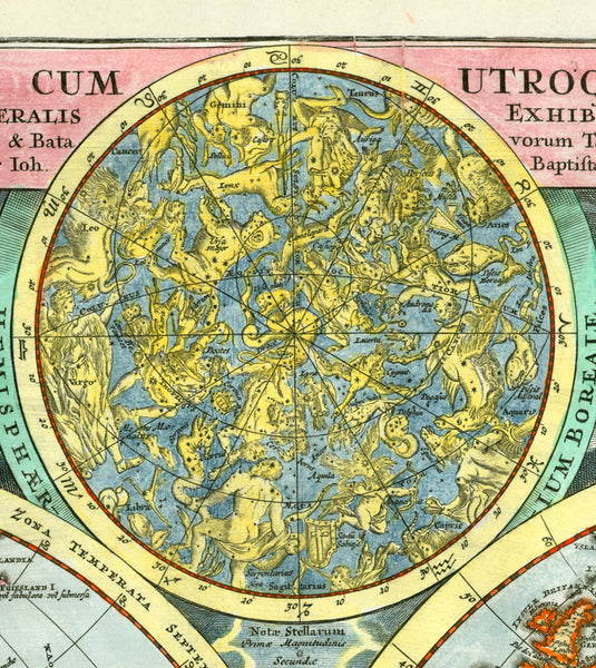"Planiglobii Terrestris cum Utroq Hemisphaerio Caelesti Generalis Exhibitio"  Hand-colored copper etching  Published in the first atlas by Johann Baptist Homann (1664-1724)  Nuremberg, 1707  This early map of the world by Homann, based on the world map by David Funck (1642-1709).  It is the only map by Homann with California shown as an island.  This decorative map has the two globes with the zodiac of the northern and the southern hemispheres. And, at the basis under the hemispherical depictions of the wor