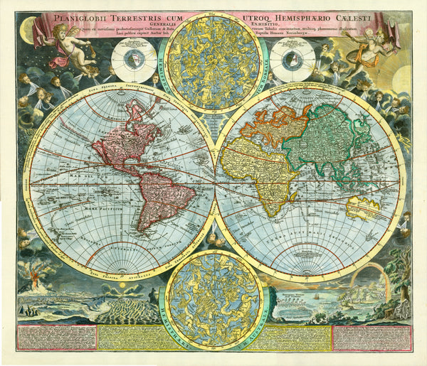 "Planiglobii Terrestris cum Utroq Hemisphaerio Caelesti Generalis Exhibitio"  Hand-colored copper etching  Published in the first atlas by Johann Baptist Homann (1664-1724)  Nuremberg, 1707  This early map of the world by Homann, based on the world map by David Funck (1642-1709).  It is the only map by Homann with California shown as an island.  This decorative map has the two globes with the zodiac of the northern and the southern hemispheres. And, at the basis under the hemispherical depictions of the wor