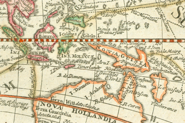 "Mappa Totius Mundi Adornata juxta Observationes Dnn Academiae Regalis Scientiarum et nonnulorum aliorum, secundum annotationes recentissimas. Per G. de Lisle Geographicum Parisiis"  "Prostat nunc apud Ioannem Walch cum caeteris chartis geographicis Lotterianis in officina Ion. Martin Will. Aug. Vind."  Hand-colored copper -etched World Map by Guillaume de L'Isle (1675-1726) and redesigned by Johannes Walch (1757-1816)and published by Johann Martin Will (1727-1806) in the publishing house of Conrad Tobias L