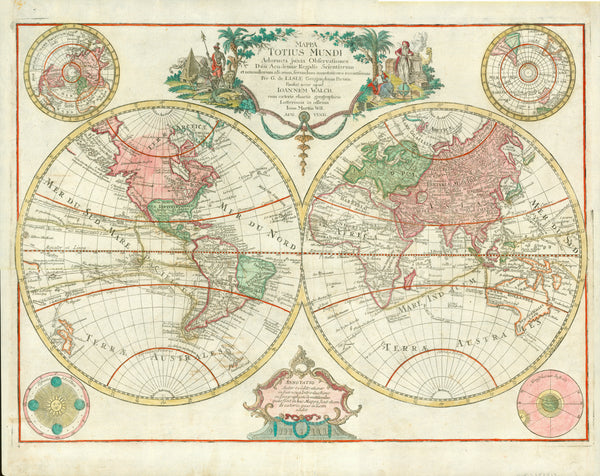 "Mappa Totius Mundi Adornata juxta Observationes Dnn Academiae Regalis Scientiarum et nonnulorum aliorum, secundum annotationes recentissimas. Per G. de Lisle Geographicum Parisiis"  "Prostat nunc apud Ioannem Walch cum caeteris chartis geographicis Lotterianis in officina Ion. Martin Will. Aug. Vind."  Hand-colored copper -etched World Map by Guillaume de L'Isle (1675-1726) and redesigned by Johannes Walch (1757-1816)and published by Johann Martin Will (1727-1806) in the publishing house of Conrad Tobias L