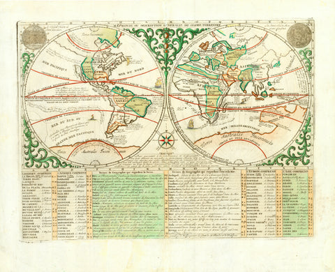 "Map Monde ou Description Generale du Globe Terrestre"  Double hemisphere world map.  Hand-colored copper etching by Henri Abraham Chatelain (1684-1743)  Published in  "Atlas Historique ou nouvelle introduction a l'histoire, a la chronologie & a la géographie ancienne & moderne"  Amsterdam, 1705-1720  Upper left: The sun according to Kircher  Upper right: The Moon according to Cassini  Some discovery voyages. California depicted as an island.