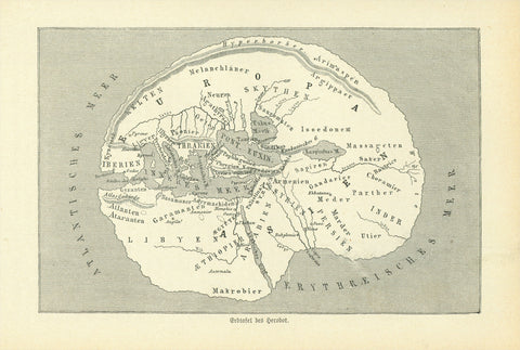 "Erdtafel des Herodot"  Wood engraving of a map after the Greek geographer and auther Herodot. Published 1881. On the reverse side is text about the Scythians.