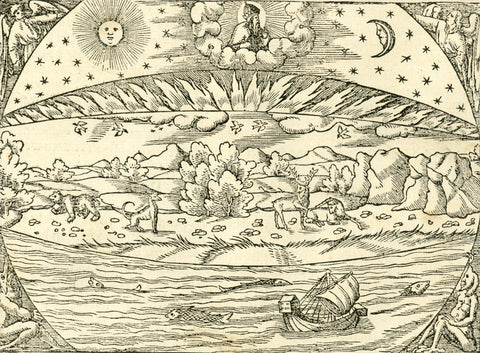 Creation of the World -  "Wie das erdtrich und das moere erstlich von Gott beschaffen seind unnd ineinander gefuegt"  Woodcut. Page 1 Chapter 1 of "Cosmographia" by Sebastian Muenster (1488-1552)  This is Sebastian Muenster's mimesis of God's Creation History (Genesis)  Published in Basel, 1553  In the German language.  God the Father on top of His creation among sun, moon and stars. God created the heavens and the earth etc. Fire came down from heaven, the birds in the sky  Muenster condenses the biblical 