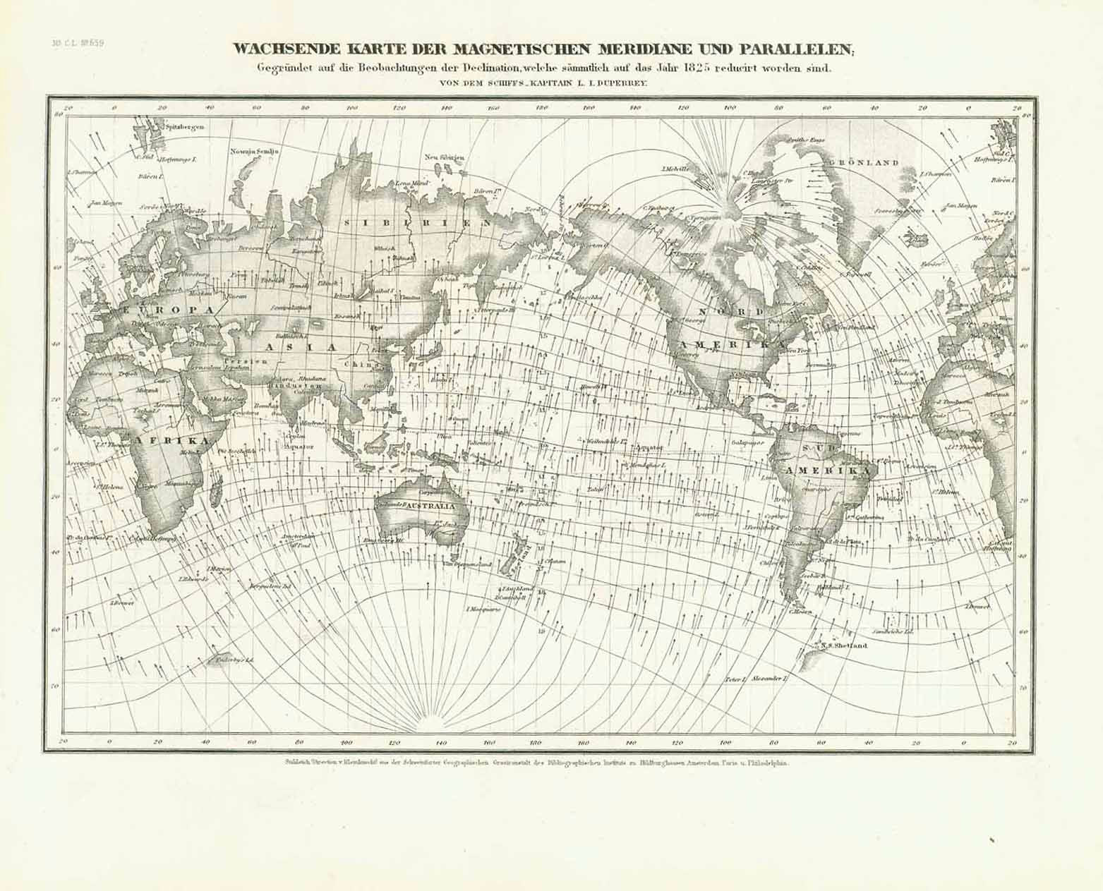 "Wachsende Karte der Magnetischen Meridane und Parallelen" "Von dem Schiff's Kapitain L. L. Duperrey"  Steel etching from "Neuster Zeitungs Atlas. Alter und Neuer Erdkunde" by J. Meyer, ca 1855.  Original antique print   For a 30% discount enter MAPS30 at chekout