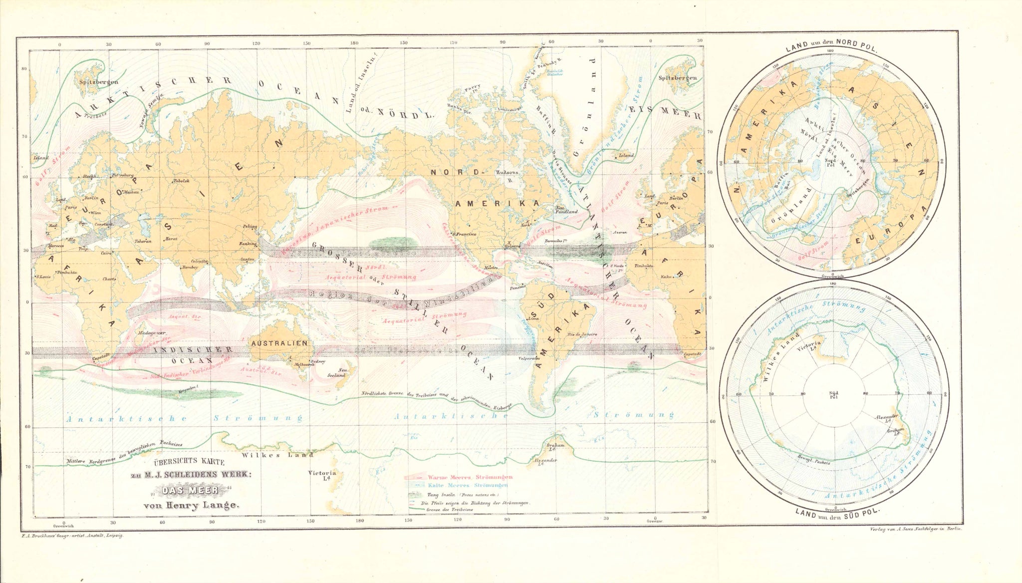 "Uebersichtskarte zu M. J. Schleidens Werk: "Das Meer" von Henry Lange"  Very interesting chromolithograph map of the world's oceans. Published 1869. The warm currents named are shown with a pink color and the cold currents named with a blue color.  Original antique print    For a 30% discount enter MAPS30 at chekout 