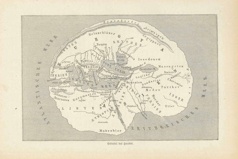 Antique World Map, "Erdtafel des Herodot"  For a 30% discount enter MAPS30 at chekout   Wood engraving of a map after the Greek geographer and auther Herodot. Published 1881.