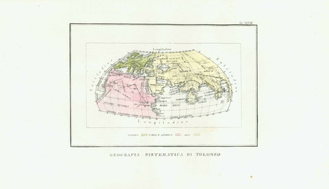 Conception of the "World" by Claudius Ptolemy (ca. 100 A.D. - after 160 A.D.)  Lithograph with original hand coloring  Published in "Atlante di Geografie Universale" (Atlas of Universal Geography)  By Francesco Constantino Marmocchi (1805-1858)  Published in Florence, Firenze, Florenz, 1840  Original antique print    Showing Europe, North Africa, Arabia, Near East, Middle East, Central Asia. India, Taprobana (Sri Lanka oversized, South East Asia)