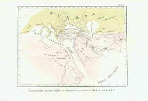 "Cognizioni Geografiche d'Erodoto (il padre della Storia) circa 500 AN. Av. L'e.V."  For a 30% discount enter MAPS30 at chekout   Herodot's conception and view of "The World", at ca. 500 B.C., was naturally restricted to Southern Europe, Asia Minor (Turkey), The Near and Middle East, Arabia, Egypt.  The "World" by Herodotus (ca. 490 B.C. - 420 B.C.)  Lithograph with original hand coloring  Published in 'Atlante di Geografie Universale" (Atlas of Universal Geography)