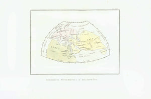 "Geografis sistematica d'Erastostene" The World by Erasthostenes (ca. 275 B.C. - 194 B.C.)  Erasthostenes' view on the "WORLD" comprised Europe (including Great Britain), North Africa, Arabia, the Near East and Middle East, Central Asia, India and TAPROBANA! (Sri Lanka)  For a 30% discount enter MAPS30 at chekout   Lithograph with original hand coloring  Published in "Atlante di Geografie Universale" (Atlas of Universal Geography)  By Francesco Constantino Marmocchi 