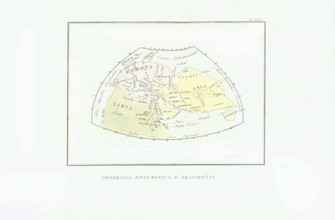 "Geografis sistematica d'Erastostene" The World by Erasthostenes (ca. 275 B.C. - 194 B.C.)  Erasthostenes' view on the "WORLD" comprised Europe (including Great Britain), North Africa, Arabia, the Near East and Middle East, Central Asia, India and TAPROBANA! (Sri Lanka)  For a 30% discount enter MAPS30 at chekout   Lithograph with original hand coloring  Published in "Atlante di Geografie Universale" (Atlas of Universal Geography)  By Francesco Constantino Marmocchi 