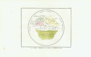 Antique World Map, By Francesco Constantino Marmocchi (1805-1858)  Published in Florence, Firenze, Florenz, 1840  Original antique print    Originally published by Pomponius Mela (life dates unknown) in his "De situ orbis"  Published in 43 A.D.  Shows some interesting firsts: Canary Islands (named Fortunate Islands), Cape Verde Islands (named Hesperien Islands). Thule, the mythical island in the North of Europe. Taprobana (Sri Lanka). Vague shape of Arabia. And vague shapes of Europe, North Africa and Asia.