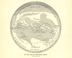 "Die Erde nach der Vorstellung Homers" (the earth after the concept of Homer)  For a 30% discount enter MAPS30 at chekout   Wood engraving on a page of text published ca 1900. Below the image and on the reverse side is text about Strabon and other early geographers. Also a small image of Ptolemeus.  Original antique print   interior design, gift ideas, vintage, decoration 