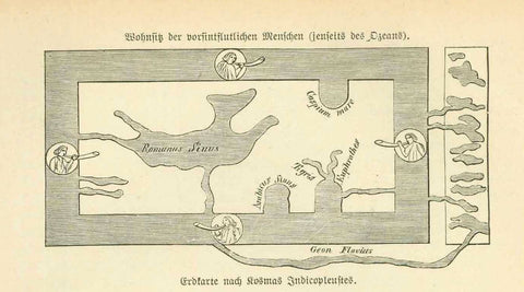 "Erdkarte nach Kosmas Indicoplenstes"  Wood engraving published 1881.  For a 30% discount enter MAPS30 at chekout  Original antique print    Below the image and on the reverse side is German text titled "Verfall des geographischen Wissens" (= decay of geographical knowledge) which applies to our modern times also!