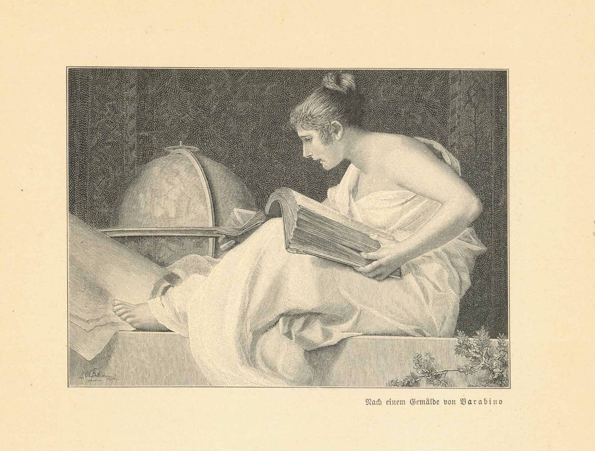 Studying the world?  Wood engraving made after a painting by Barabino Published ca 1900.  Original antique print  interior design, gift ideas, vintage, decoration 