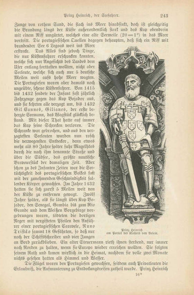 "Prinz Heinrich am Portal des Klosters von Belem"  *****  Article: "Entdeckungen der Portuguesen bis zu Kap der guten Hoffnung"  7-Page article about the discoveries and expeditions of the Portuguese with two  images of Prince Heinrich.  Published 1881.