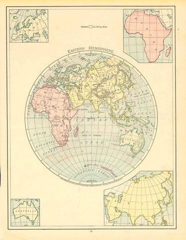"Eastern Hemisphere"  For a 30% discount enter MAPS30 at chekout   The interesting part of this map is at the top center of the page is a tiny square showing the size of the state of Kansas (81,700 square miles) compared ti the Eastern Hemisphere. OPrinted in color ca 1900.  Original antique print  