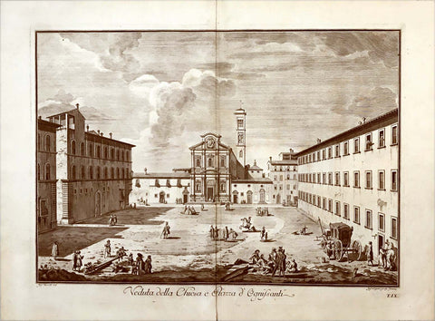  "Veduta della Chiesa e Piazza Ognissanti"  Engraved by Jos. Papini.     Copper Engravings of Florence after Giuseppe Zocchi  A very attractive series of copper etchings was published in Florence in the year 1760. Different engravers used the drawings by Giuseppe Zocchi, Giovanni Battista Cecchi, Matteo Carboni, Cosimo Rossi and Lorenzo Bardi. Lorenzo Bardi published with these copper etchings wonderful set of "Vedute di Firenze" (Views of Florence). These were published ca 1785.