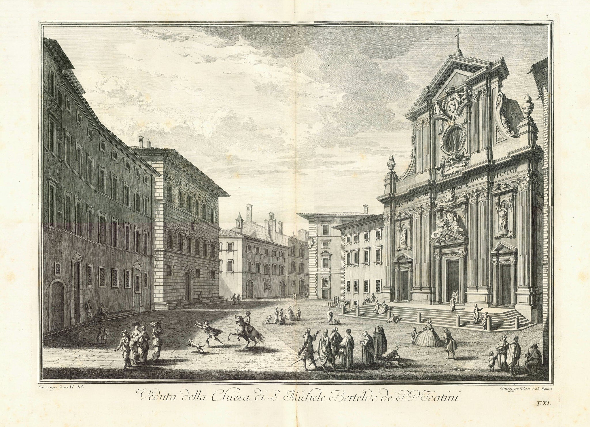 Florence, Zocchi,  "Veduta della Chiesa di S. Michele Bertelde de P.P. Teatini"  Engraved by Giuseppe Vasu Scol. Roma.  Image: 46 x 66 cm ( 18.1 x 25.9" ) Page size: 59 x 80 cm (ca. 23.2 x 31.5")  Fine image. Heavy Paper.  In the lower margin near the centerfold are repaired tears. Minor signs of age and use in margins.  Copper Engravings of Florence after Giuseppe Zocchi