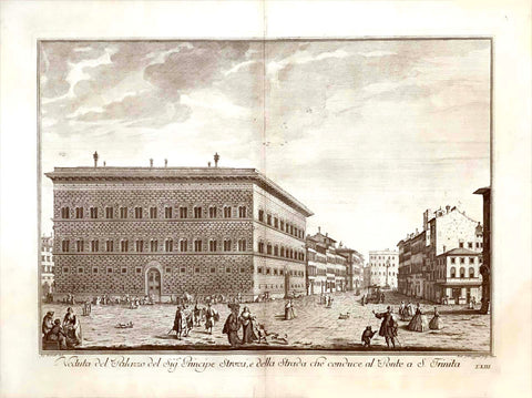 "Veduta del Palazzo del Sig. Principe Strozzi, e della Strada che conduce al Ponte a S. Trinita"  Engraved by Gabuggiani.  Copper Engravings of Florence after Giuseppe Zocchi  A very attractive series of copper etchings was published in Florence in the year 1760. Different engravers used the drawings by Giuseppe Zocchi, Giovanni Battista Cecchi, Matteo Carboni, Cosimo Rossi and Lorenzo Bardi. Lorenzo Bardi published with these copper etchings wonderful set of